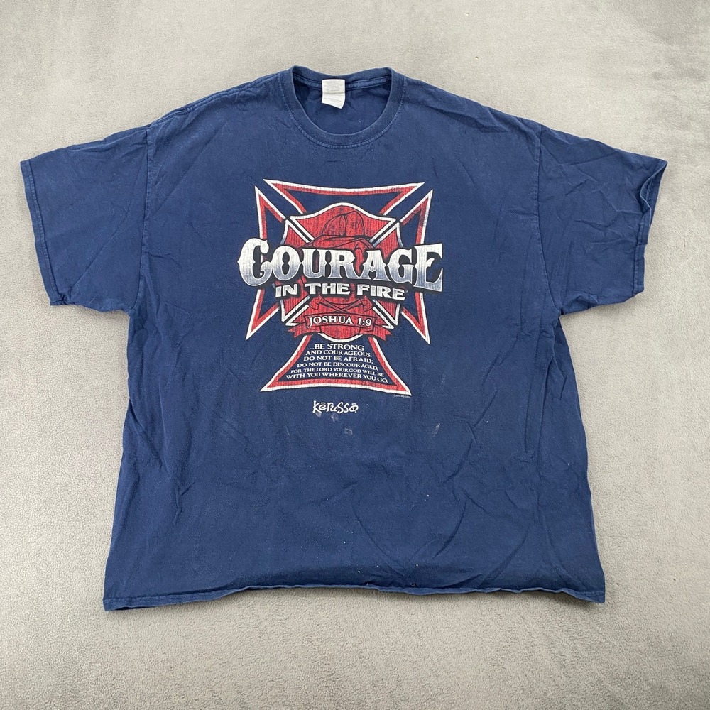 Vintage Kerusso Courage In The Fire Joshua 1:9 T-Shirt Navy Blue 2XL Y2K Jesus